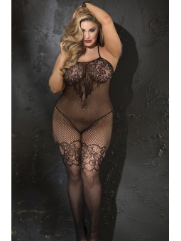 PLUS SIZE FISHNET OPEN FRONT BODY STOCKING