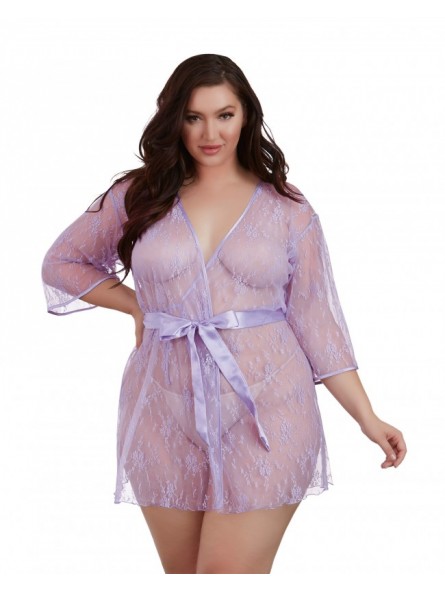 Lace Kimono 3/4 Sleeves with Satin Inset Belt Lace Kimono 3/4 Sleeves with Satin Inset Belt