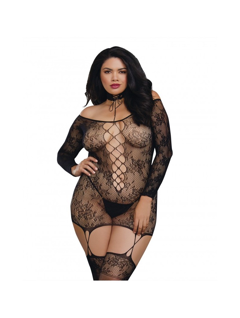 Women's Plus Size Lace Patterned Knit Garter Dress with