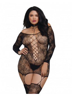 Women's Plus Size Lace Patterned Knit Garter Dress with