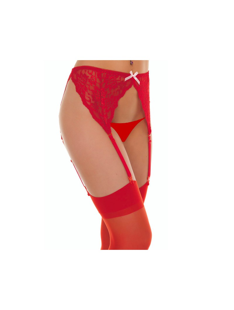 Red Floral Suspender Belt With Bow And Stockings