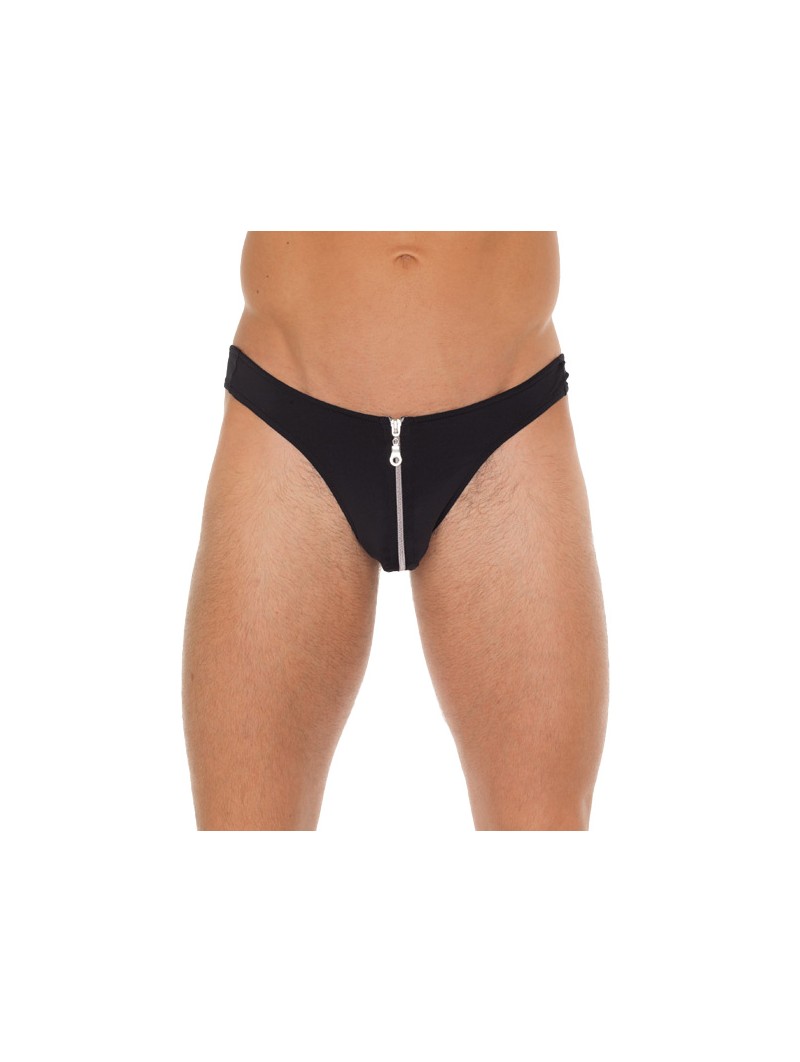 Mens Black G-String With Zipper On Pouch